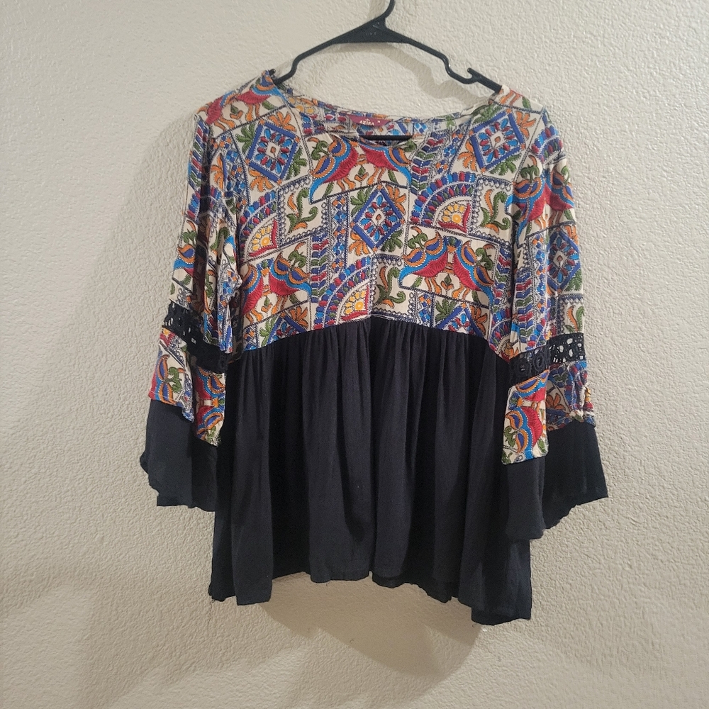 Vibrant Blue and Red Paisley Blouse with 3/4 Sleeves and Relaxed Fit